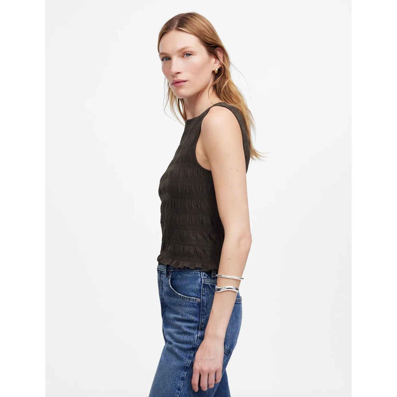 Madewell Smocked Boatneck Tank Cotton Blend Minimalist Soft Charcoal XS NWT - Image 2