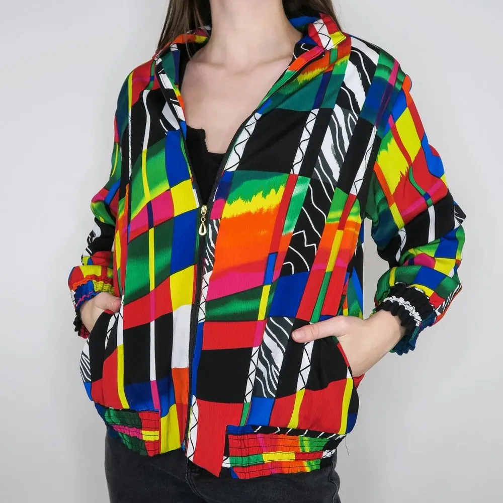 Vintage 80s Rainbow Geometric Abstract Windbreaker Jacket - Image 3