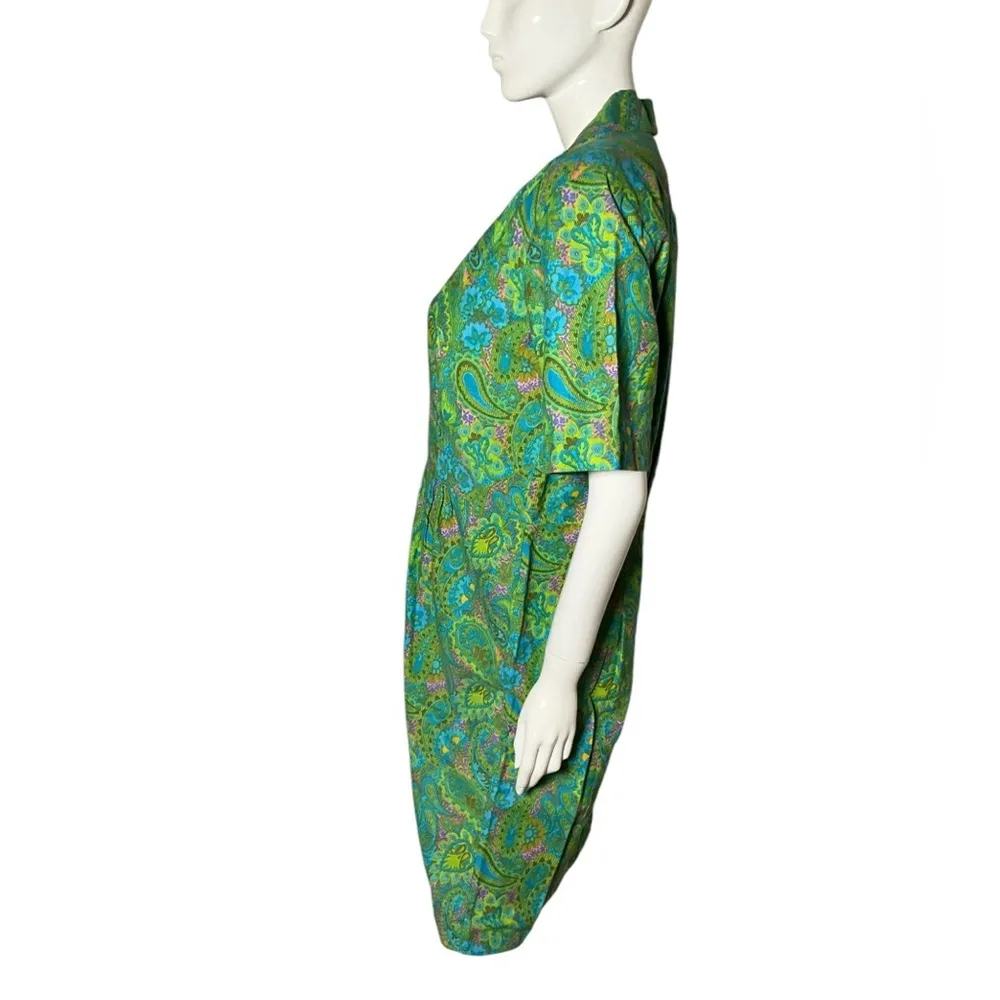 Vintage Grandma Core green‎ pink jacquard paisley day dress large Green - Image 2