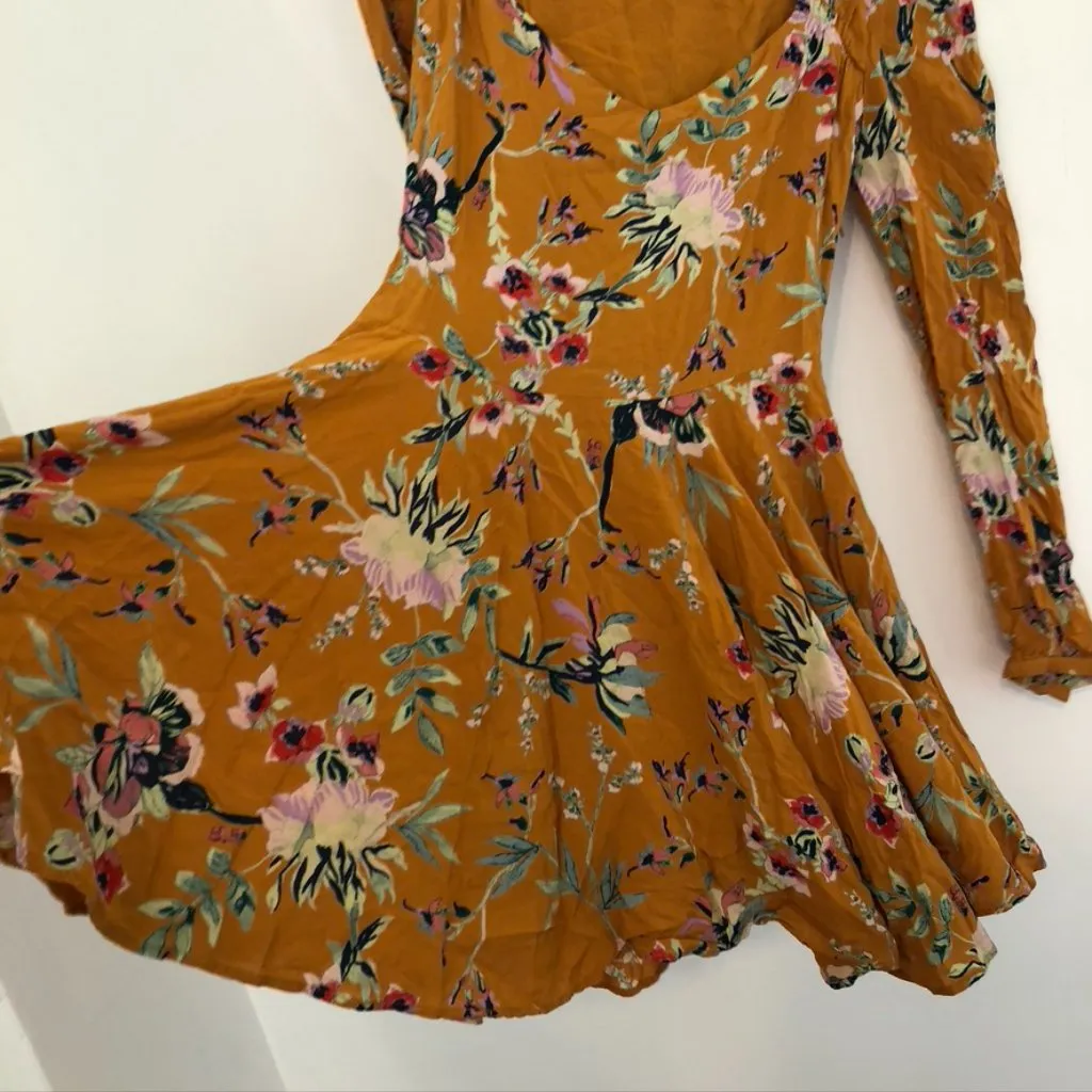 ECOTE URBAN OUTFITTERS Rosalinda Floral Long Sleeve Mini Dress Mustard Fit Flare - Image 11