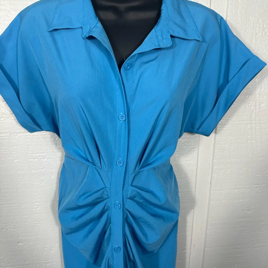 Button Down Ruched Short Sleeve Lapel V Neck Maxi Dress Size Small EUC - Image 5
