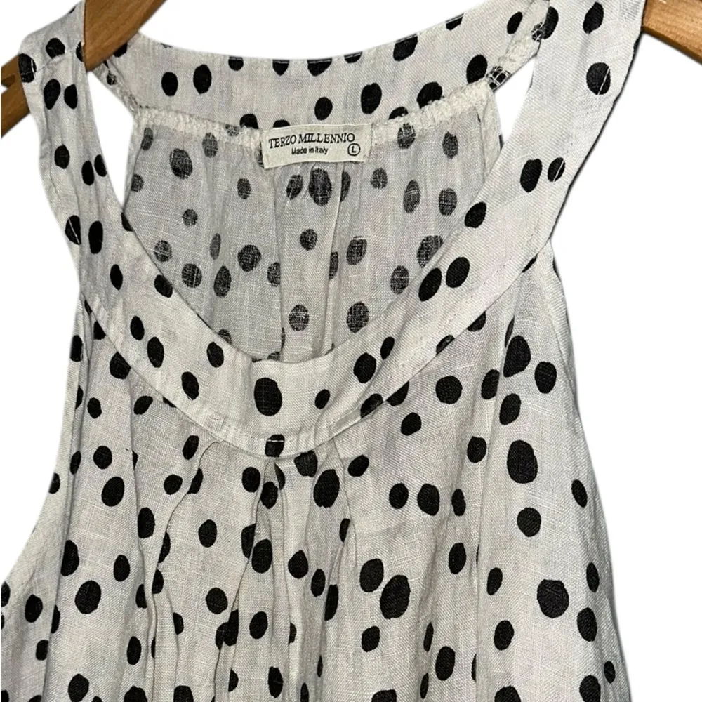 Terzo Millennio Italy Women’s Size L M Tan Brown Spots Linen Tiered Shift Dress Size L - Image 5