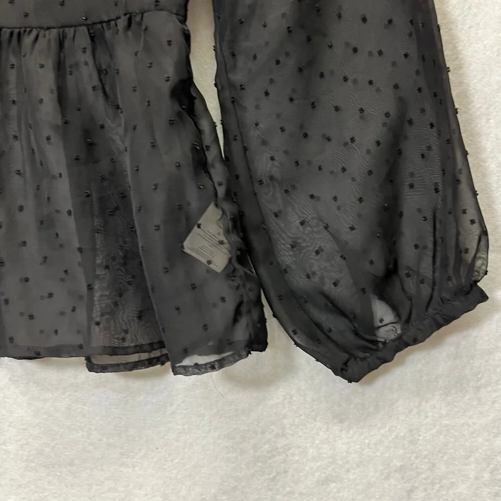 Chelsea & Violet Sheer Peplum Long Sleeve Blouse Large Polka Dot Texture Black - Image 3