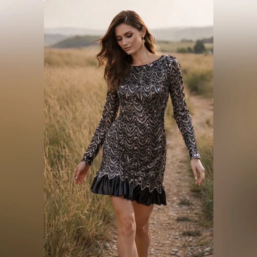 Lee Jordan Neiman Marcus 60’s Classy Sequin Tulle Beaded Vintage Cocktail Dress Black - Image 2