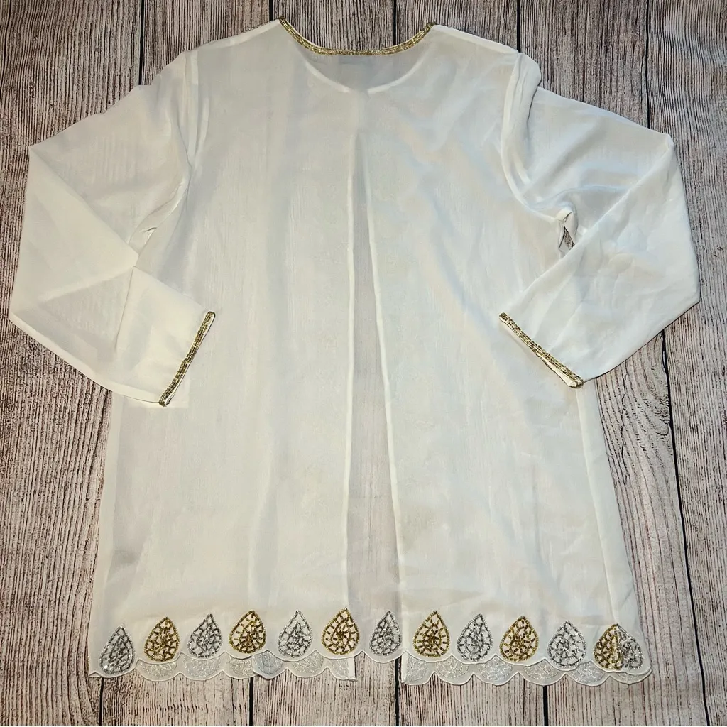 NEW Midnight Velvet Beaded Sheer Open Cardigan Women’s Size L Ivory Duster NWT White Size L - Image 2