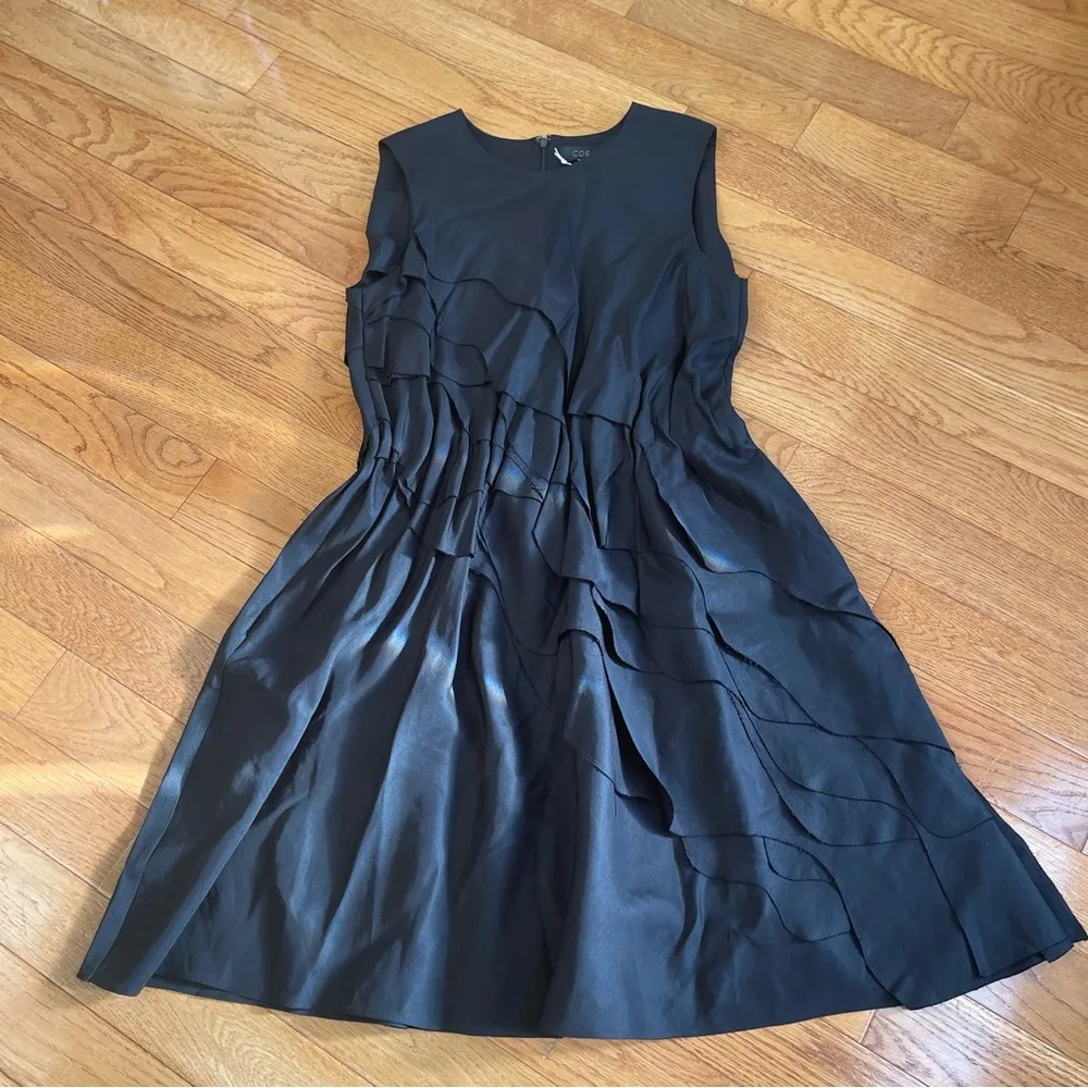 COS Tiered Ruffle linen Blend Sleeveless Pullover A Line Mini Dress Black Sz 12 - Image 7