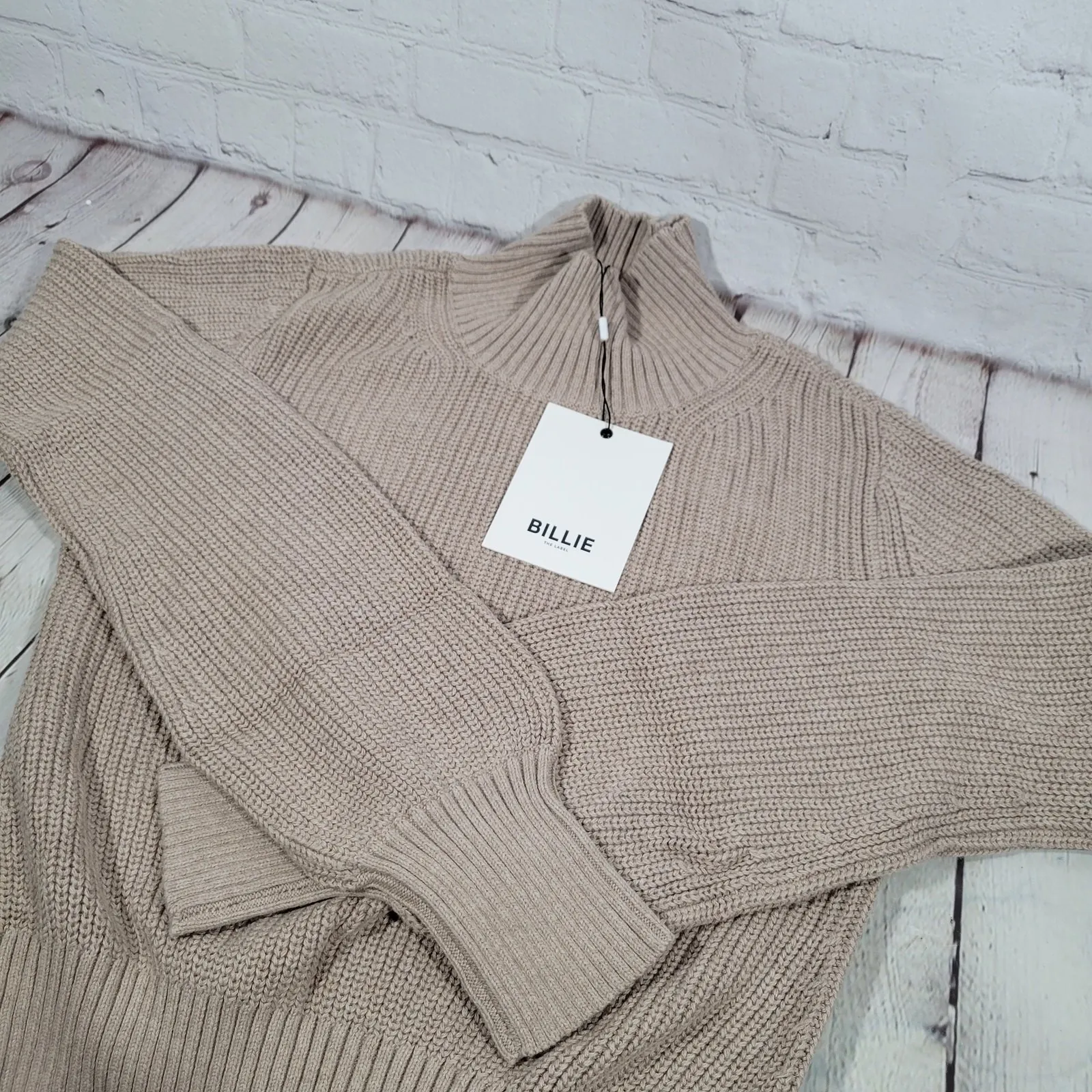 Billie The Label Amelia Sweater Ribbed Mock Neck Balloon‎ Sleeve Pumice Medium Tan - Image 5