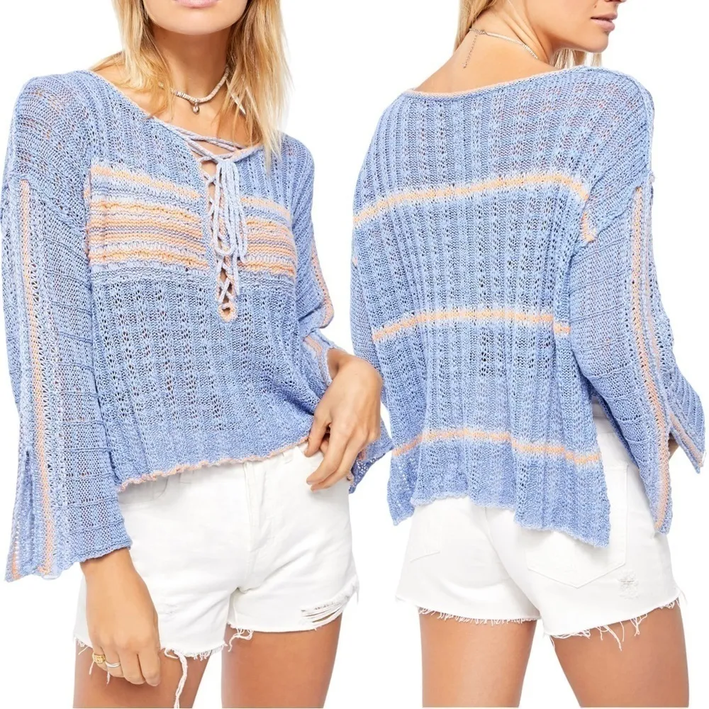 FREE PEOPLE Marina Bay Lace-Up Sweater in Sunset Combo Size Small Bell Sleeve - Image 5