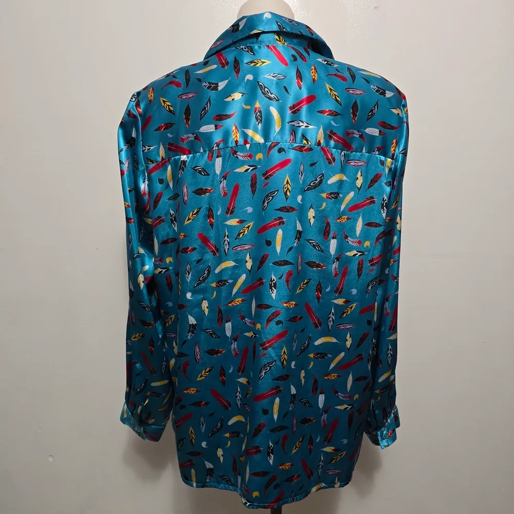 Vintage Da Rue 80s Teal Feather Print Satin Button Down Blouse - Image 6