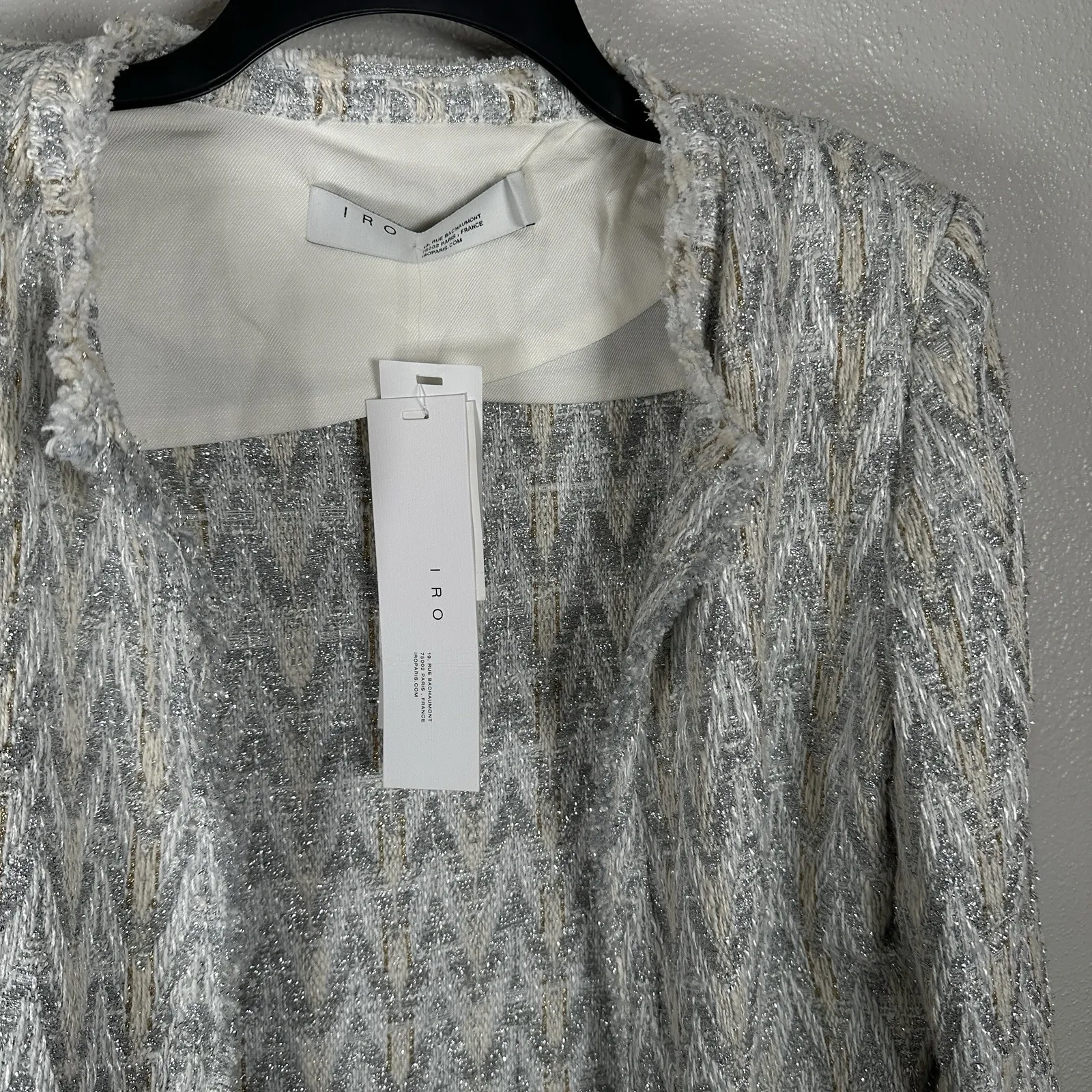 NEW IRO Silver Metallic Cream Blazer Jacket Cotton Linen Blend Womens 42 Holiday - Image 2