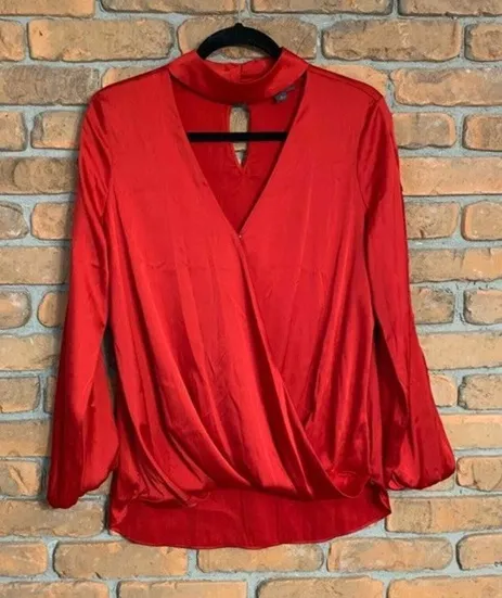 Bold Elements Red Blouse Cutout Mock Neck Long Sleeve Satin Top Womens Size S - Image 1
