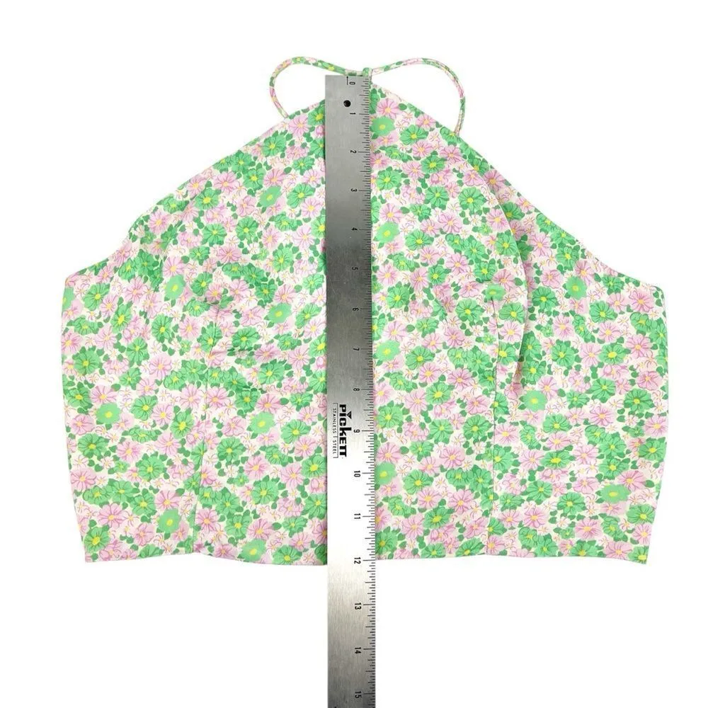 Zara Pink Green Floral Satin Halter Spaghetti Strap Crop Top Size Small - Image 3