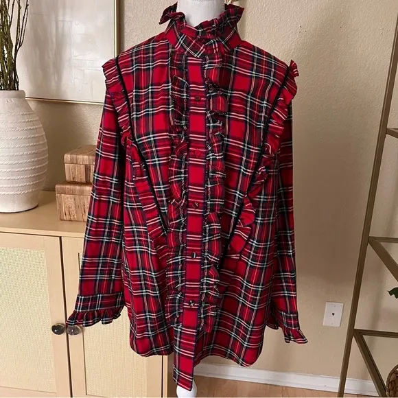 TUCKERNUCK Red Plaid Royal Stewart Tartan Ruffle Reagan Button Size XXL - Image 6