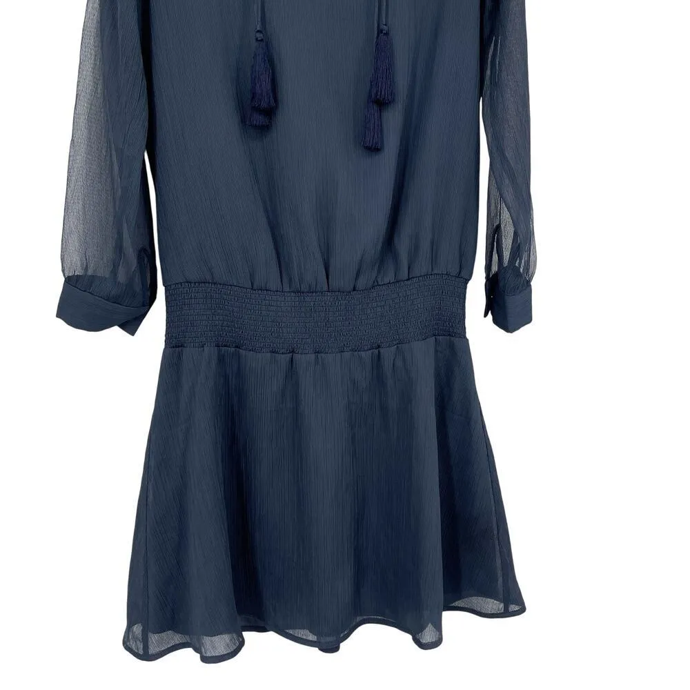 Marie Oliver Navy Blue Smocked Waist Dress With Tassels Long Sheer Sleeve Small - Image 2