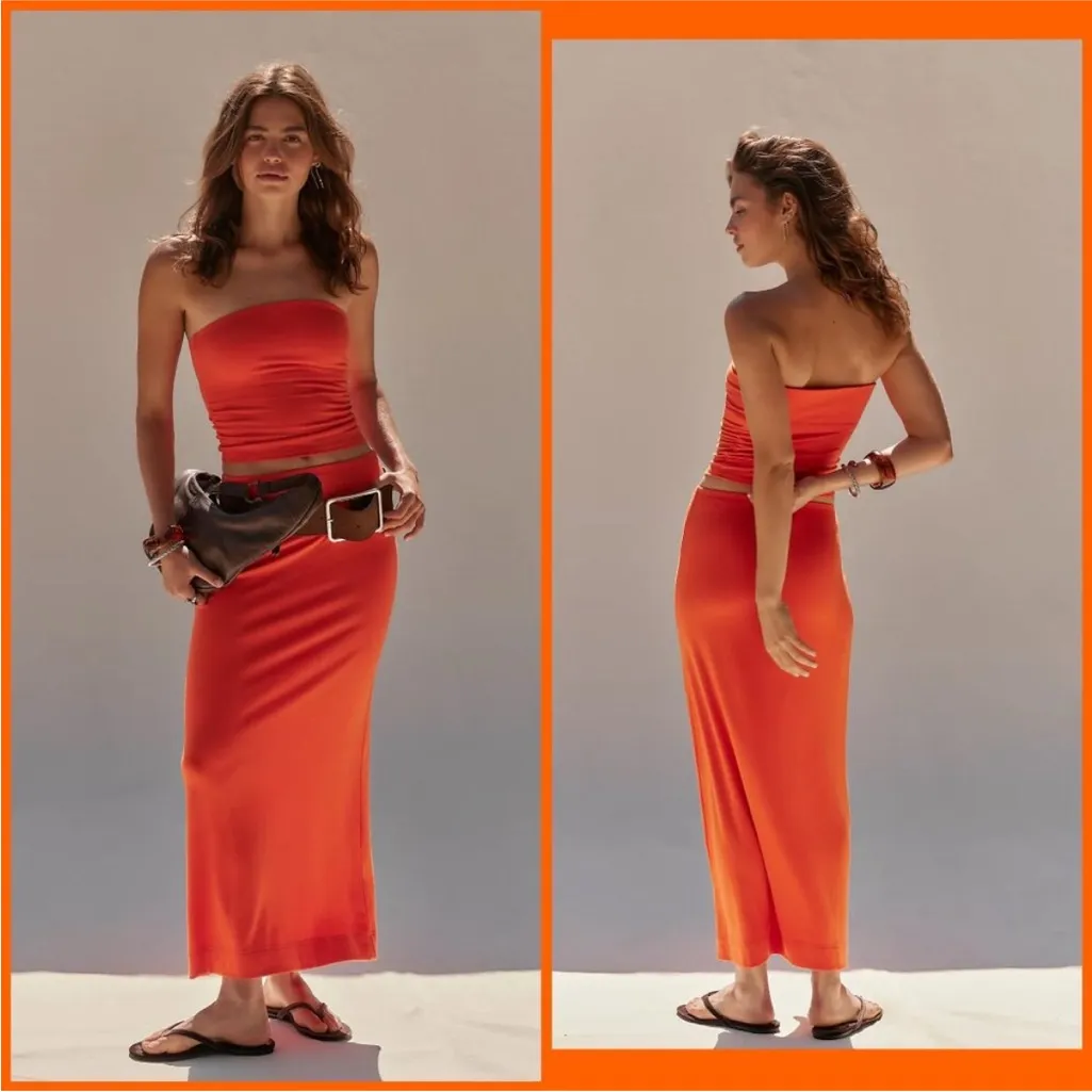 NEW! FREE PEOPLE Good Feels Tube Set XL Orange Strapless Top Maxi Skirt Dress - Image 12