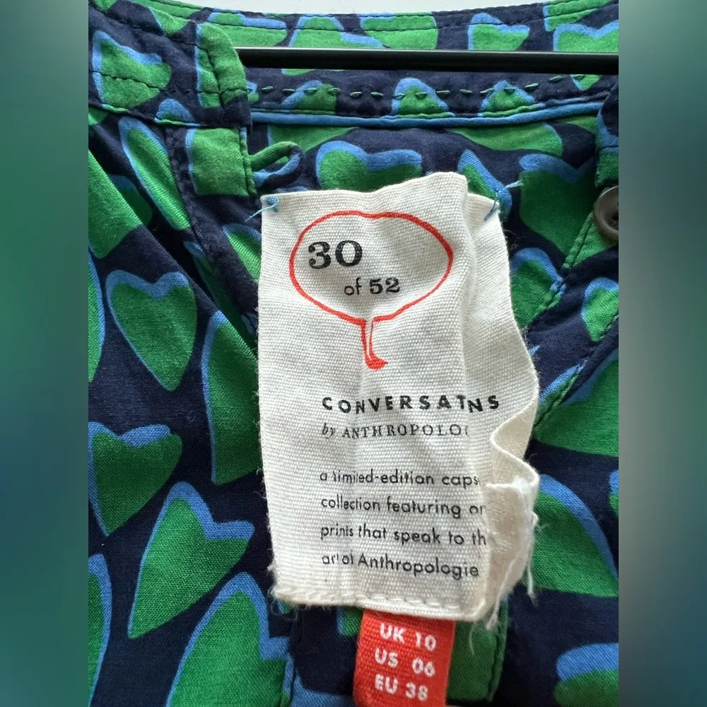 Anthropologie Conversations 30 of 52 Funny Valentine Green Hearts Button Shirt 6 - Image 6