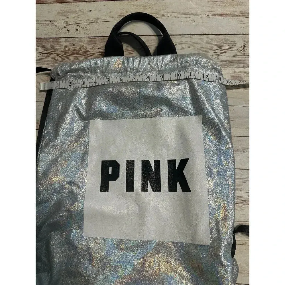 Victoria's Secret PINK Drawstring Backpack Iridescent Silver - Image 2