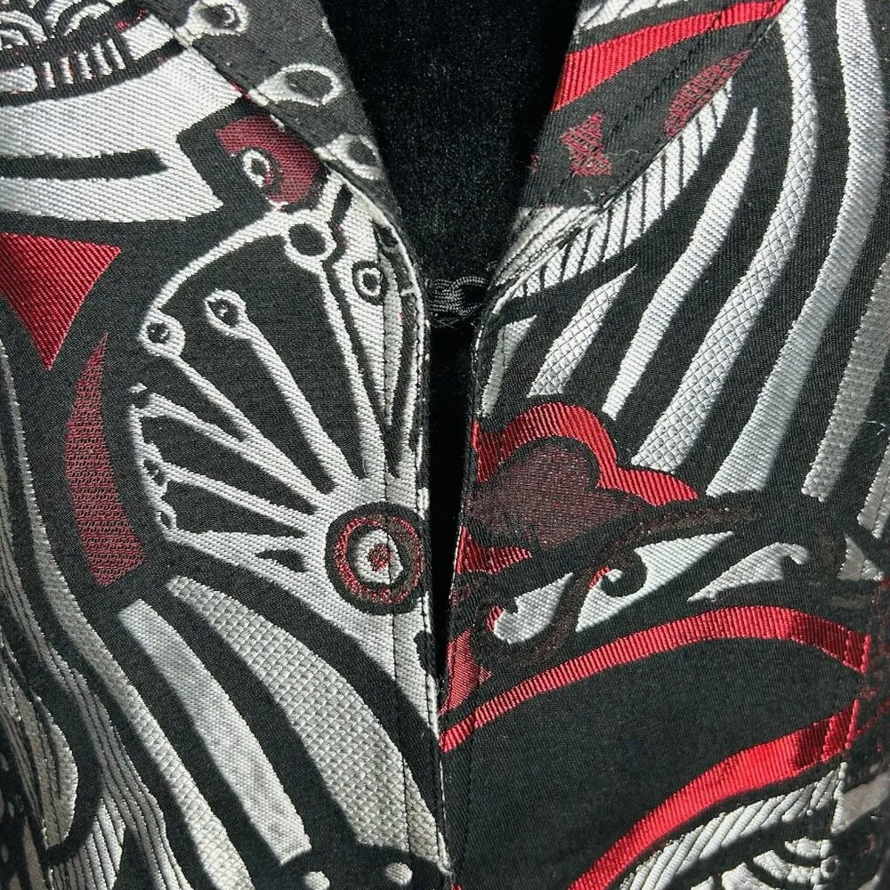 Chico's Jacket Blazer Size 2 (M) Silver Red Metallic Print Art To Wear Colorful - Image 4