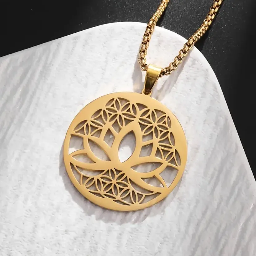 18K Gold Lotus Mandala Pendant Necklace – Stainless Steel Yoga Jewelry - Image 4