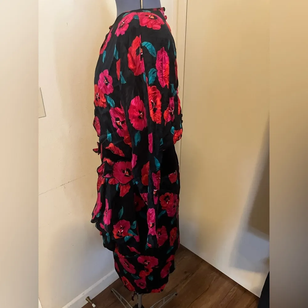 VTG A.J. BARI SILK Black Floral Puffy Sleeve Party Prom Formal Dress sz 12 80s Red - Image 2