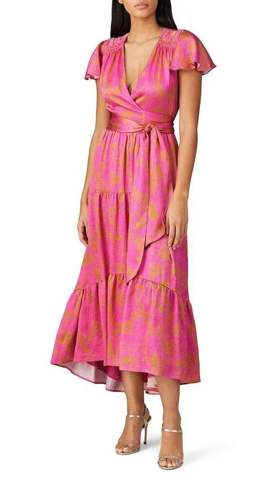 TANYA TAYLOR Women's Pink Orange Floral 100% Silk V-Neck Lisa Wrap Dress size 2 - Image 2