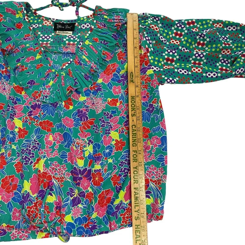 Diane Freis Womens Green Ruffle Neck Floral Top Polka Dot Padded Blouse Carnival Size undefined - Image 5