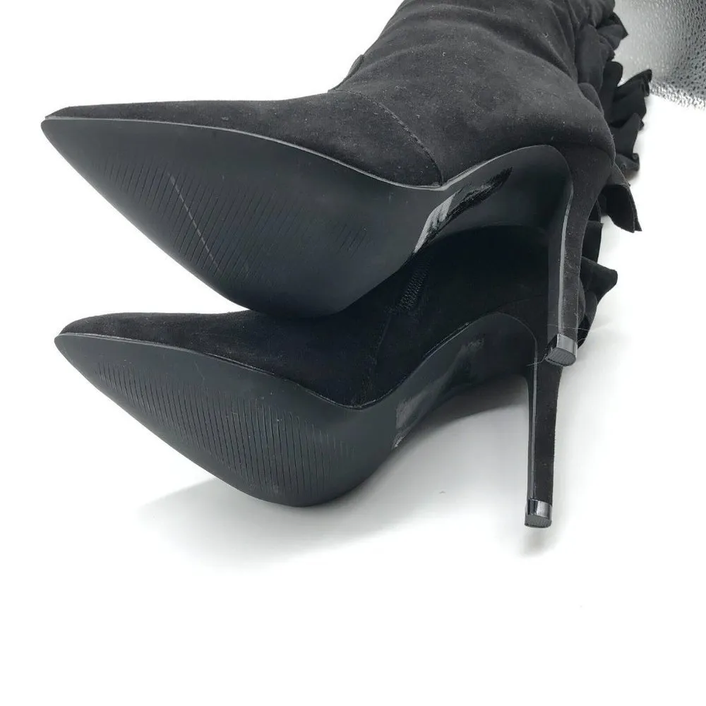 JustFab Norelle Boots Knee High Faux Suede Ruffle Stiletto Pointed Toe Black 6 - Image 5