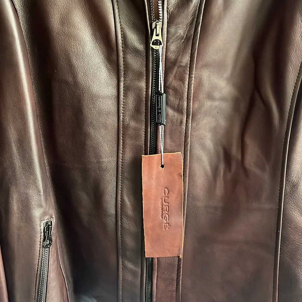 Italian Brown Leather Zip Up Jacket Made by CURGÈ Woman size 2XL EU 58 NWT W5‎ - Image 3