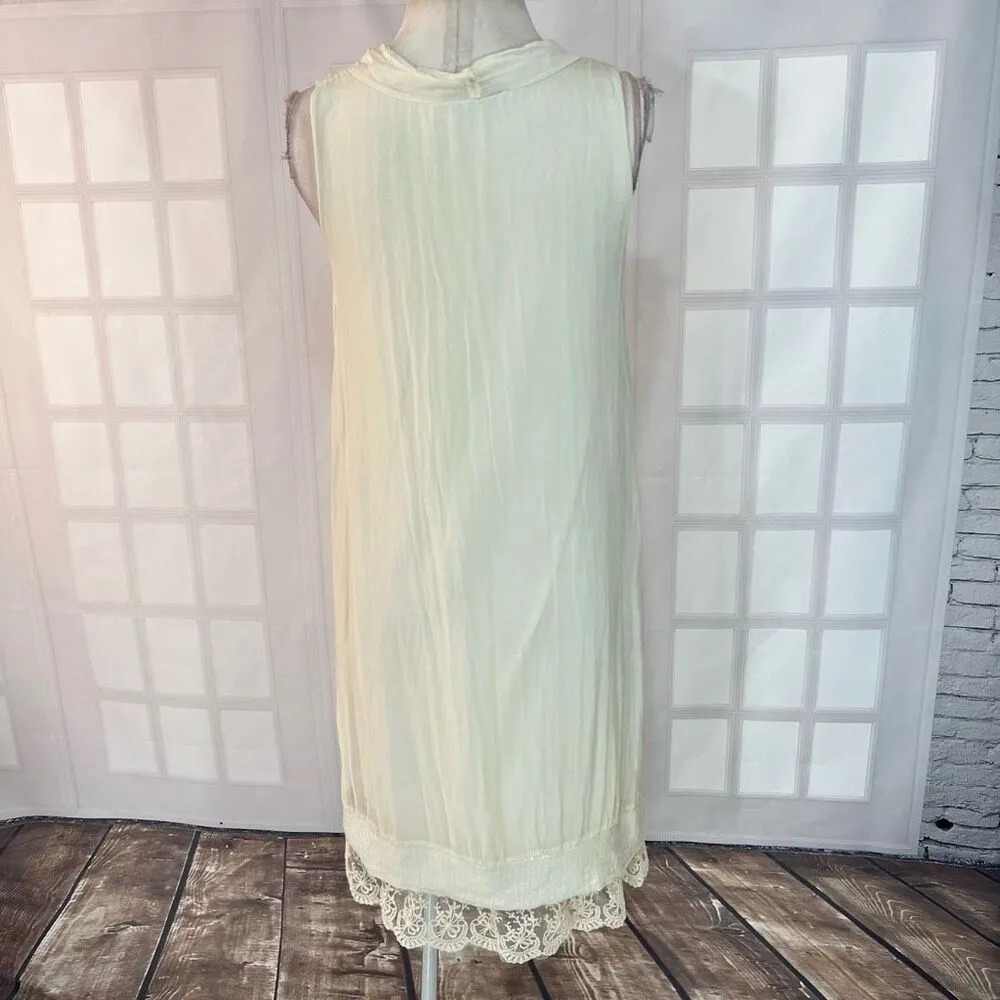 Baci Cream Silk Layered Sequin Lace Trim Pleated Sleeveless Dress Size Small - Image 6