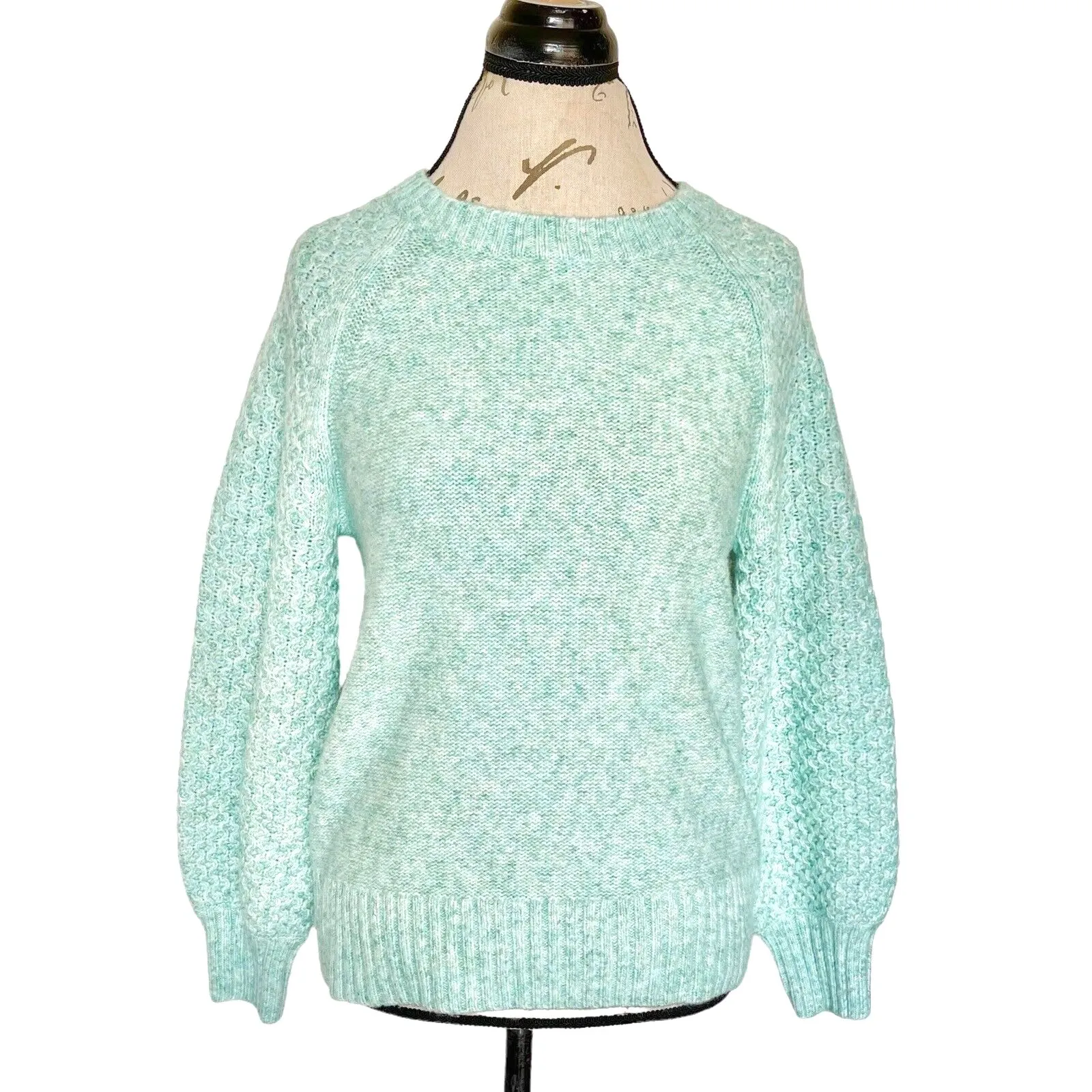 J.Crew Womens Sweater Size XS Honeycomb Balloon Sleeve Green Wool Blend Alpaca - Image 2