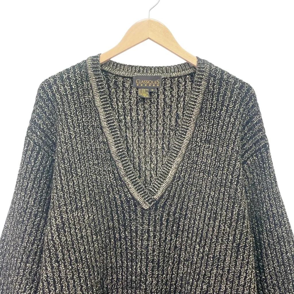 Classiques Merino Wool Blend Textured V-Neck Oversized Sweater Black Gold Medium - Image 5