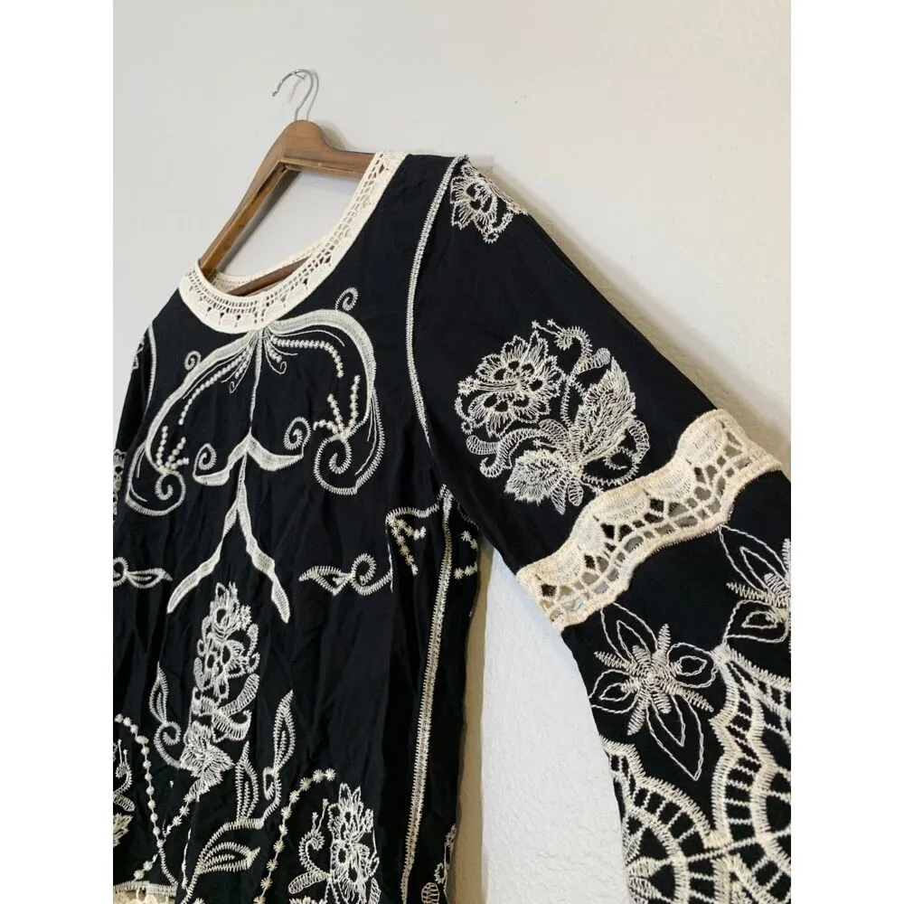 Cato Black Lace Trim Tunic Top Womens Sz S Embroidered Floral Boho Crotchet - Image 2