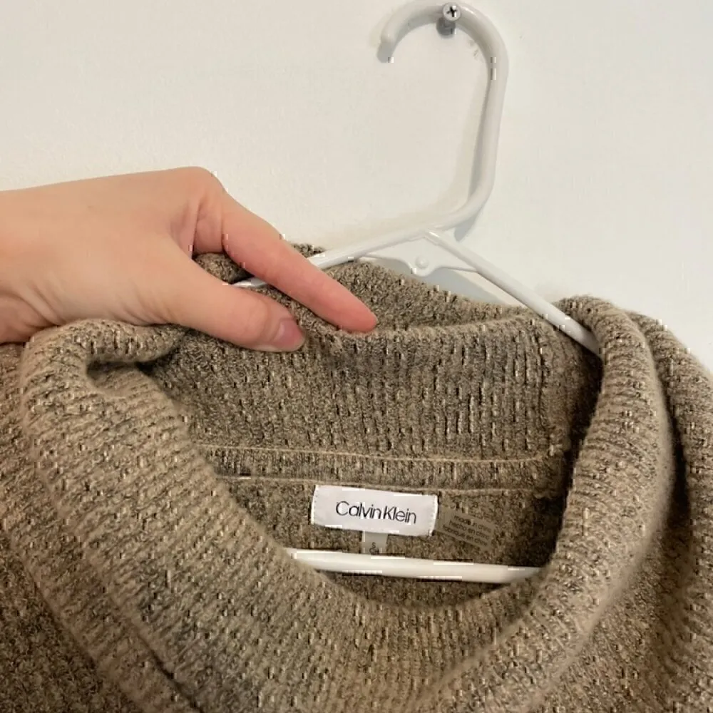 CALVIN KLEIN Beige Tan Black Chunky Knit Cable Knit Diamond Cowl Neck Sweater S - Image 9