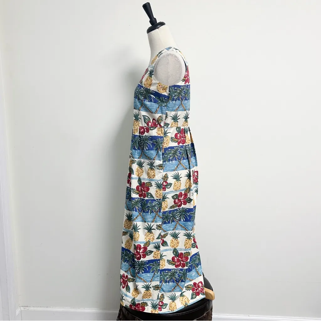Reyn Spooner Vintage Scoop Neck Sleeveless Floral Hawaiian Midi Dress Medium Blue - Image 3