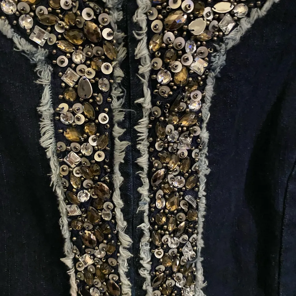 Draper's & Damon's petite denim jacket sequin Bead trim Embellished Glam Blazer Blue Size M - Image 3