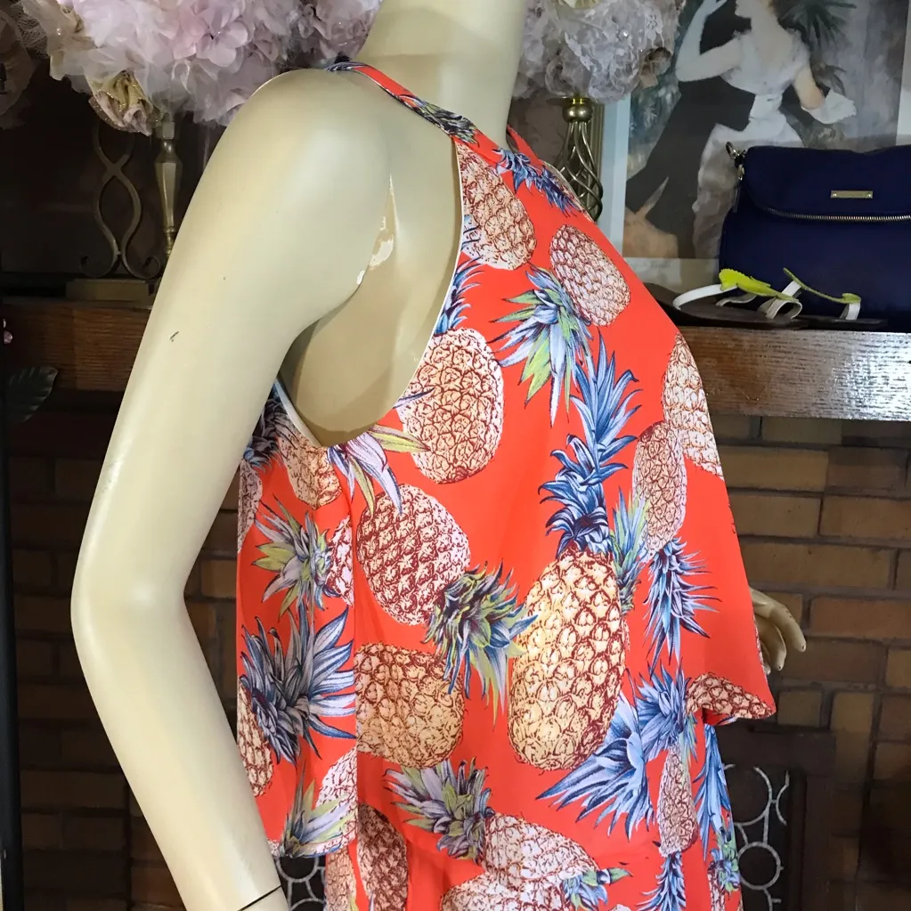 CRESCENT ORANGE & BLUE PINEAPPLE PRINT FLOWY SHORTS & TUNIC SET NWT (S) - Image 7