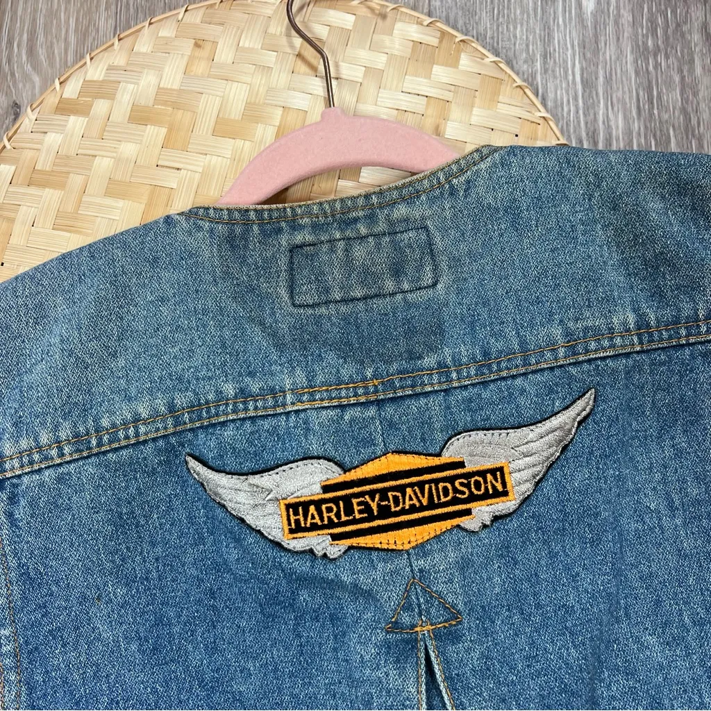 Vintage Harley‎ Davidson patchwork denim vest motorcycle Blue Size L - Image 7