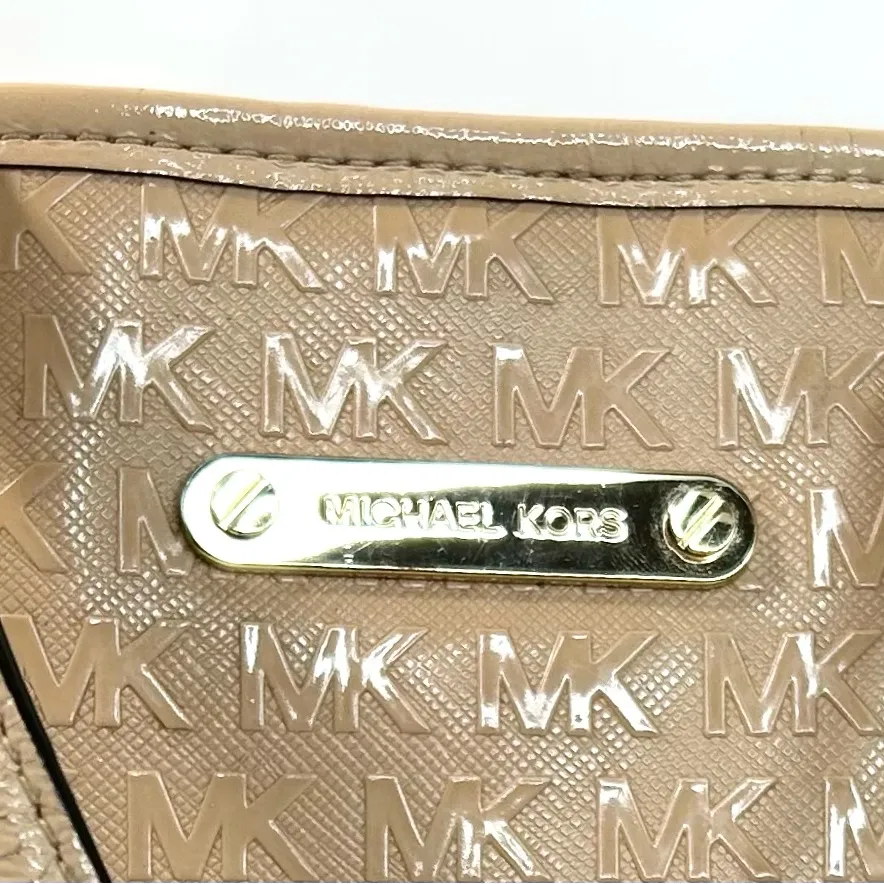 MICHAEL KORS MK Signature Jet Set Travel CARRYALL TOTE Bag Oyster Patent Leather Tan - Image 2