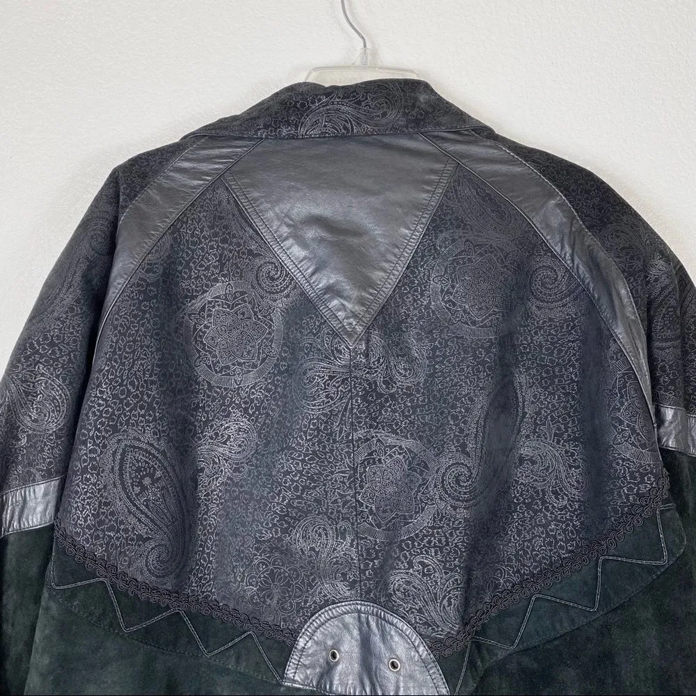 Vintage Black Patterned Leather & Suede Bomber Jacket Black Size 2X - Image 3