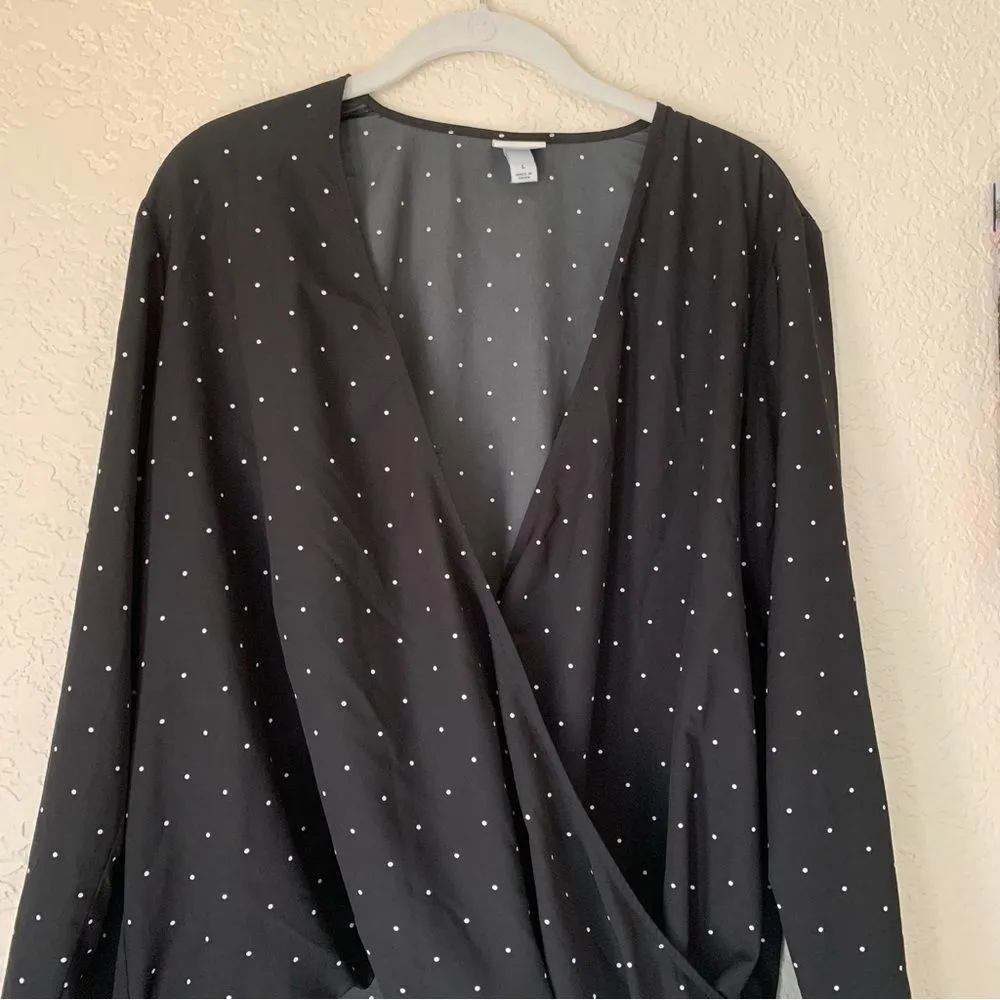 a new day‎ Black & White Large Polka Dotted Wrap Style Blouse Long Sleeve Flowy - Image 8