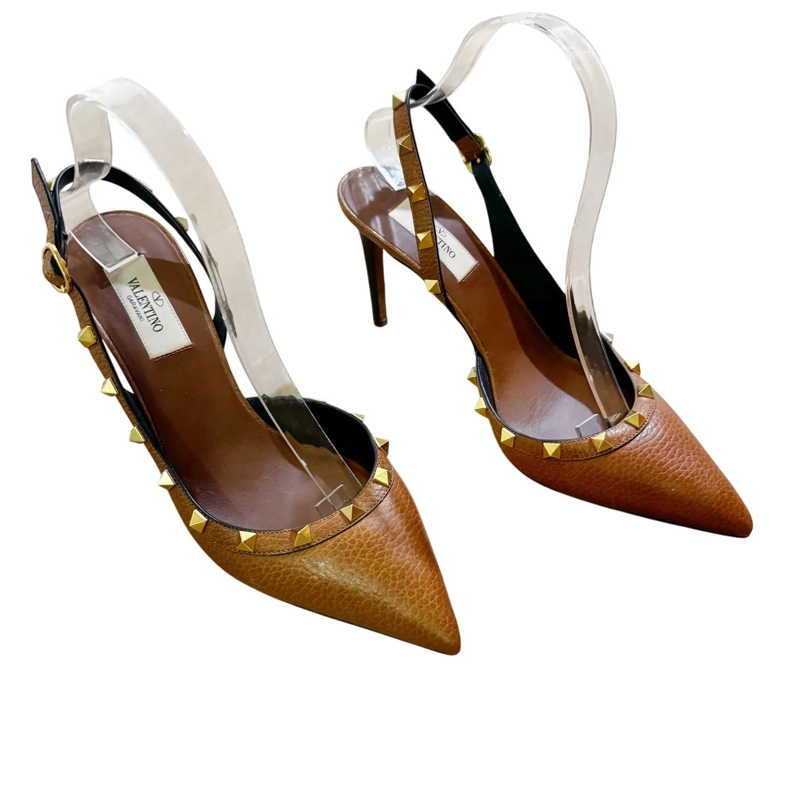 Valentino Garavani Rockstud Slingback Heels Brown Leather Gold Stud Pumps 39.5 - Image 1