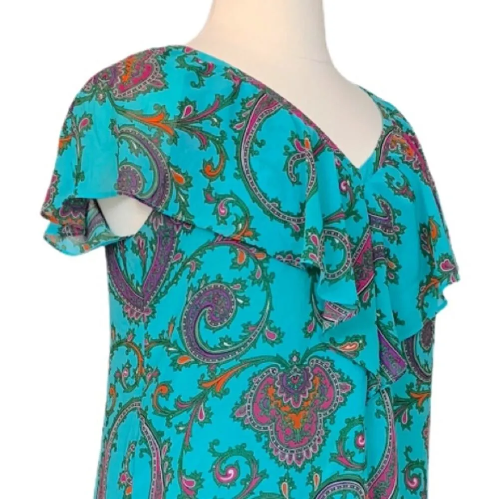 Nicole Miller Women's Dress Plus V Neck Teal Pink Paisley Shift Dress Size 14 - Image 6