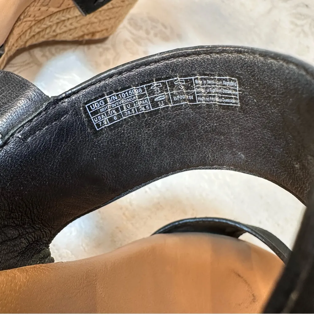 UGG Elena Black Leather Platform Wedge Strap Sandal Heels Size 7.5 - Image 8