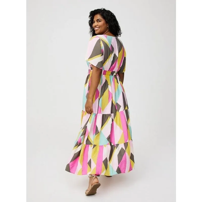 NWT Torrid 0 L 12 Giant Geo Tiered Maxi Dress Plus Pink Yellow Pockets - Image 2