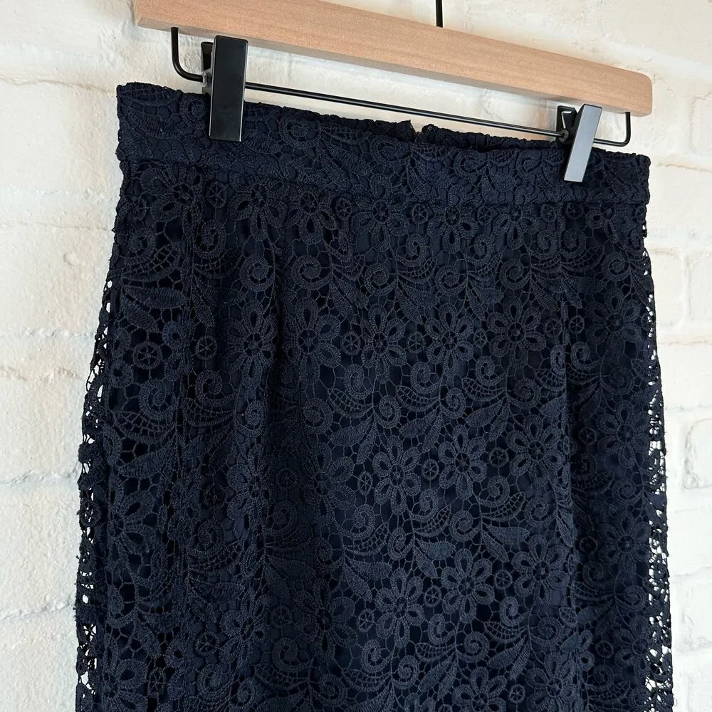 Uniqlo Navy Blue Floral Lace Pencil Skirt Lined Size Large - Image 4