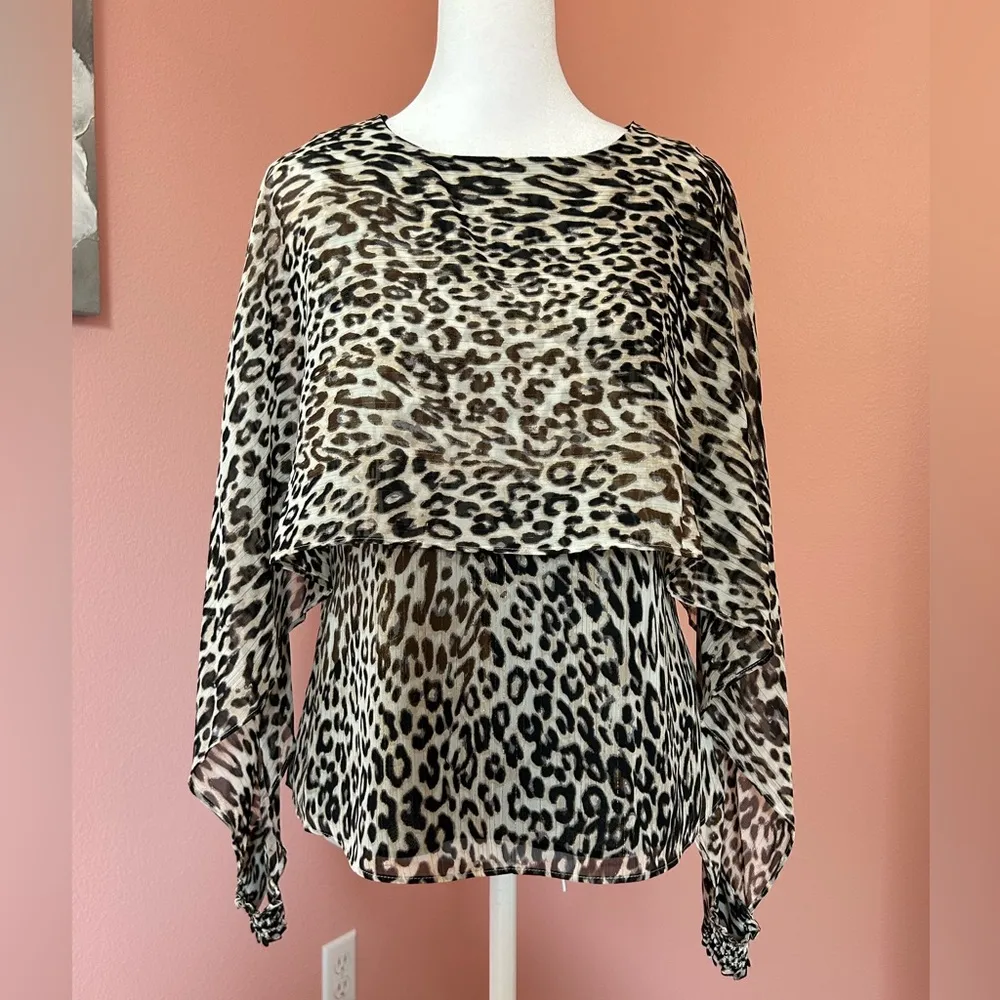DKNY leopard print caped smocked cuff sheer office siren top NWT S mobwife - Image 4