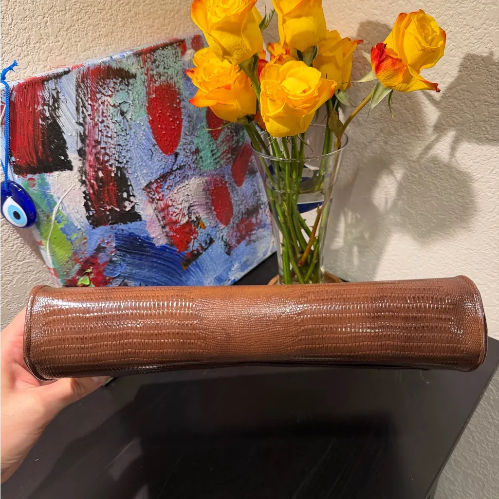 Brown Patent Leather “Snake Skin” Textured Clutch - Image 4