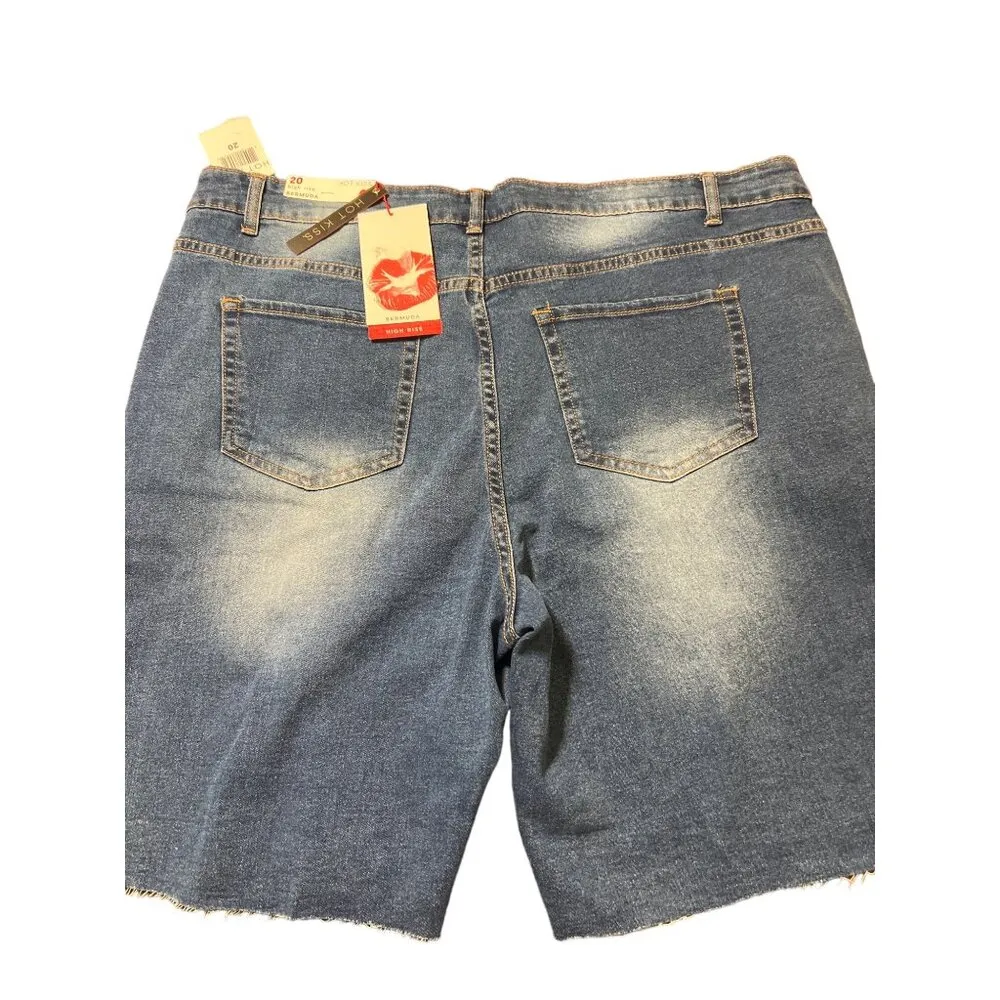 Hot Kiss Bermuda Denim Shorts High Rise Raw Hem Distressed Size 20 NWT - Image 3