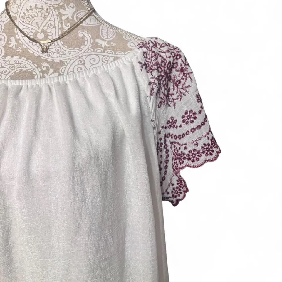 JGee White Boho Embroidered Peasant Dress XL Flutter Sleeve Scallop Hem Festival - Image 3