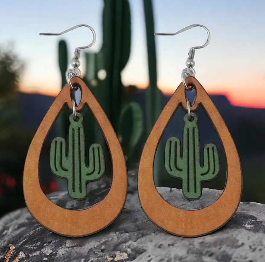 Western ethnic style cactus hollow water drop dangle wooden‎ earrings Tan - Image 2